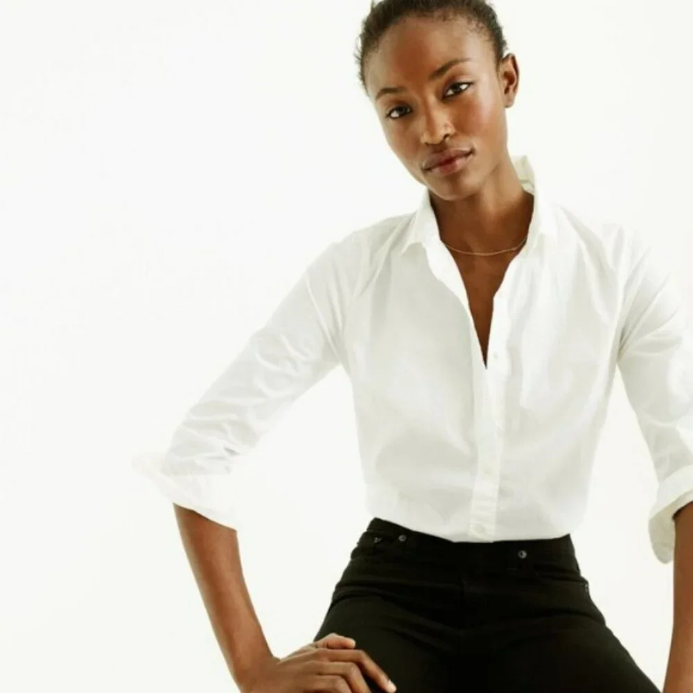 J Crew Stretch Cotton Perfect Fitted Button Front 3/4 Sleeve Blouse/Shirt White